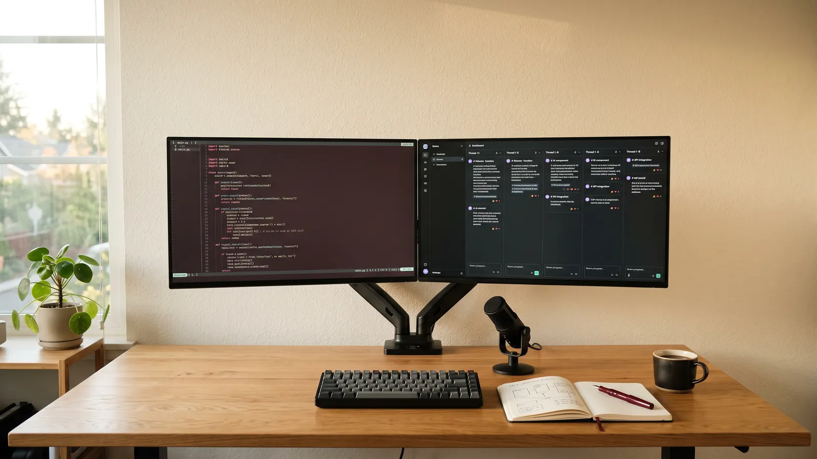 An engineering desk with a code editor on one monitor and several parallel AI coding sessions on the other, a desk microphone for voice prompting, and a notebook of architecture sketches