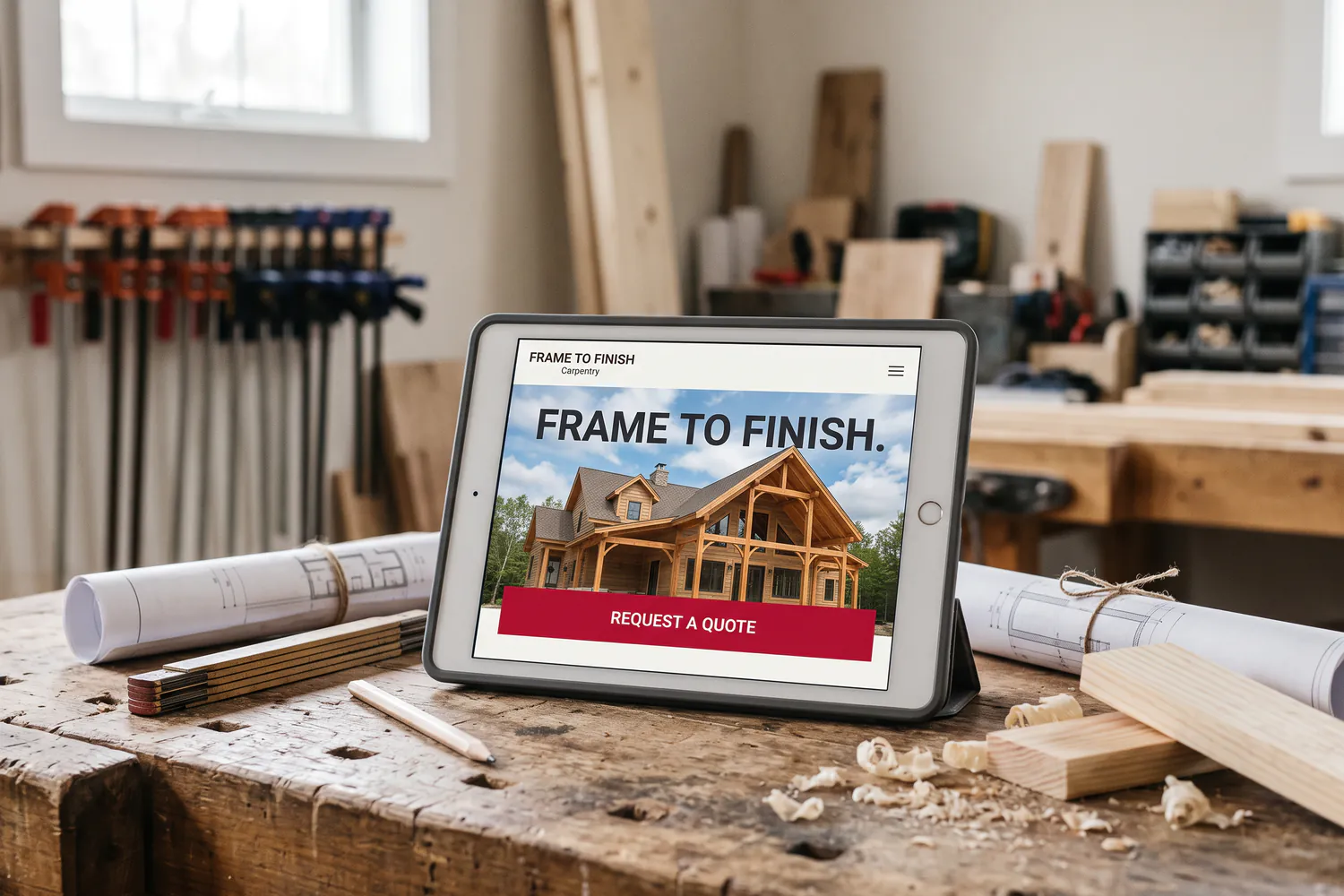 A tablet on a carpentry workbench showing a contractor website headed “Frame to finish.” with a crimson “Request a quote” button