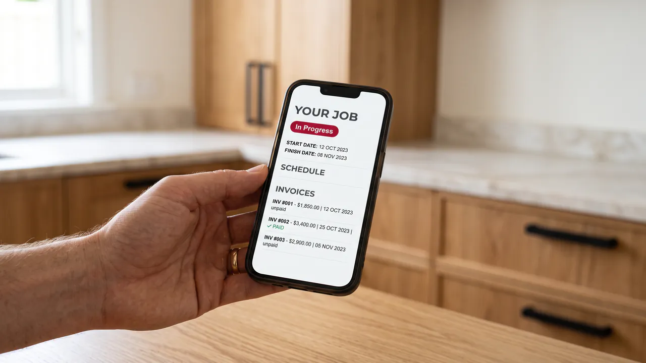 A hand holding a phone showing the customer portal with a job marked in progress and its invoices, a new kitchen behind