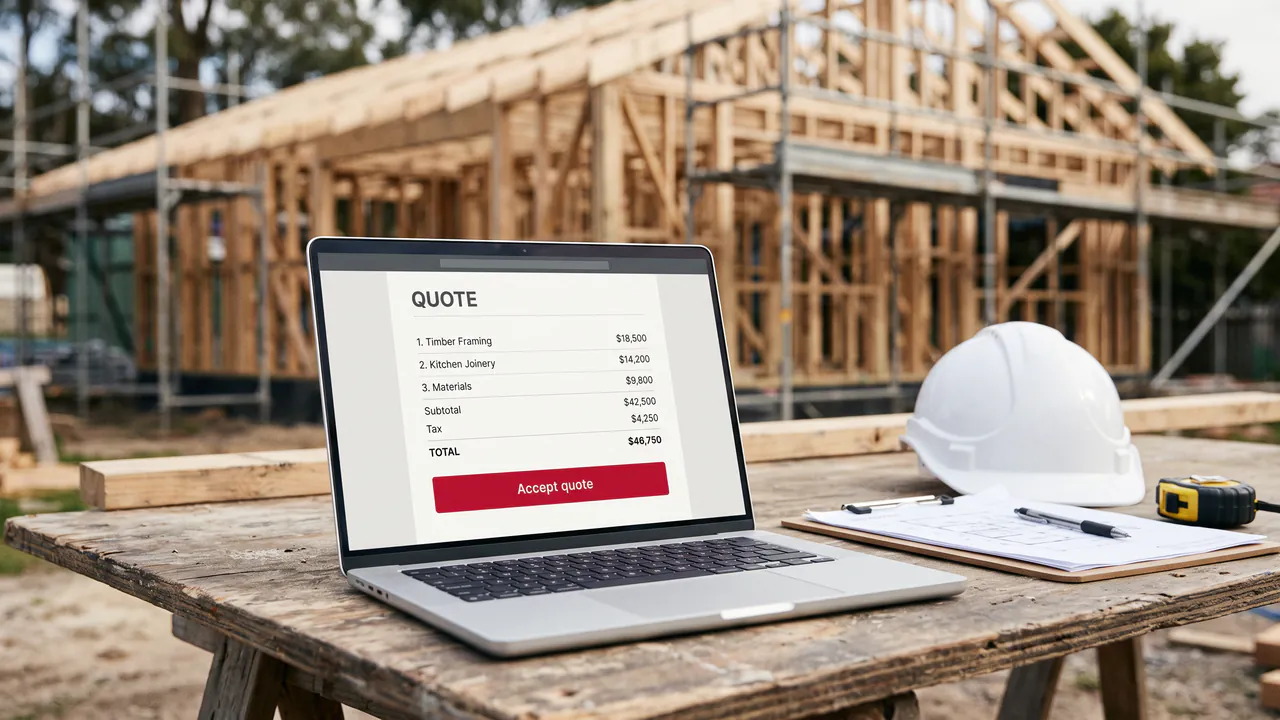 A laptop on a site table showing a quote with line items and a crimson “Accept quote” button, a hard hat beside it