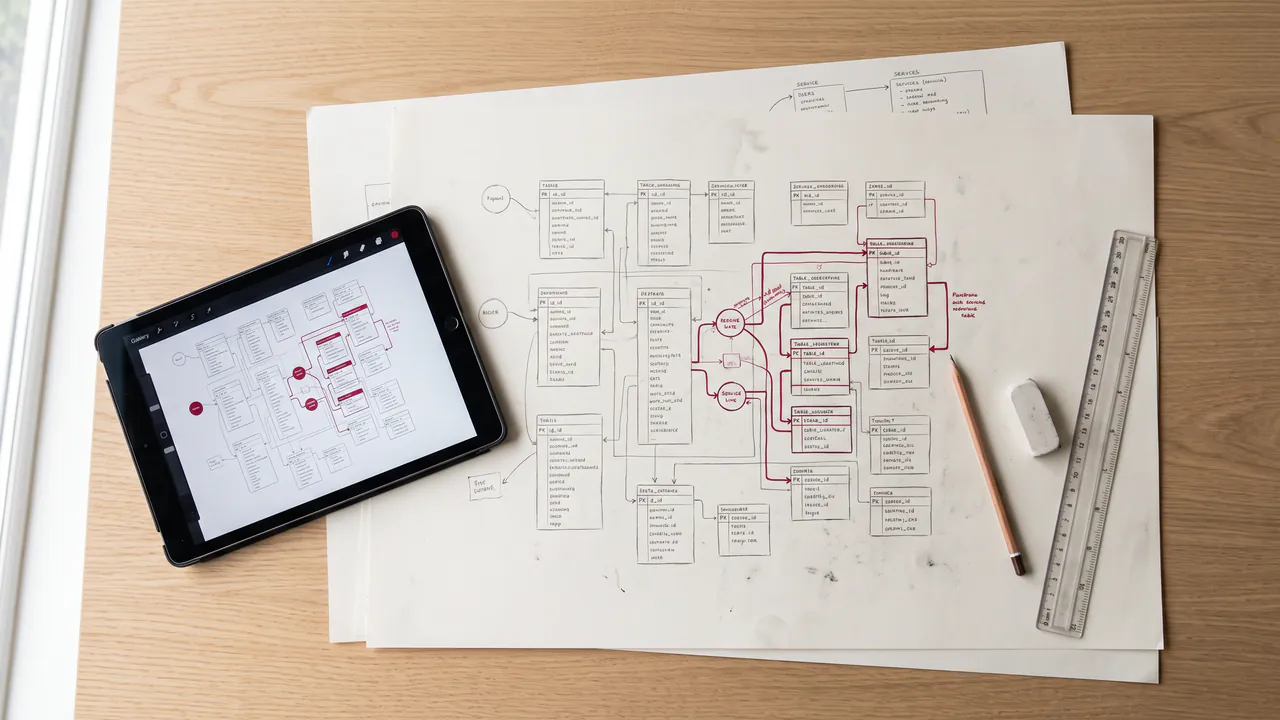 Hand-drawn database and service diagrams on paper next to a tablet showing the same design