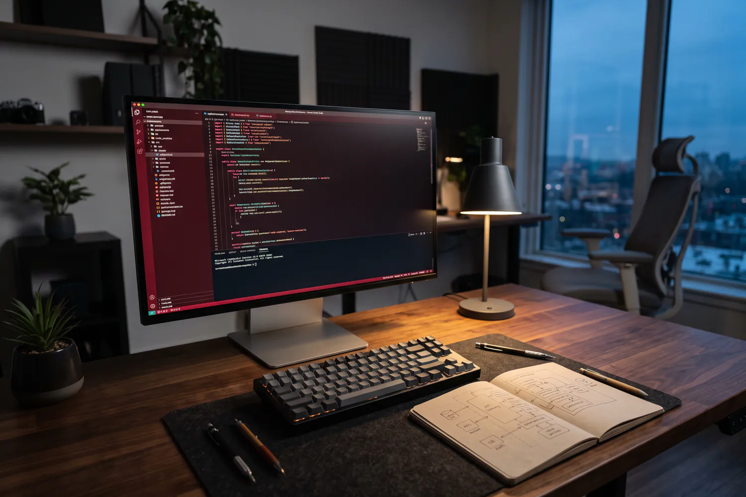 A code editor in a dark theme on a wide monitor at a walnut desk, beside a notebook of architecture sketches