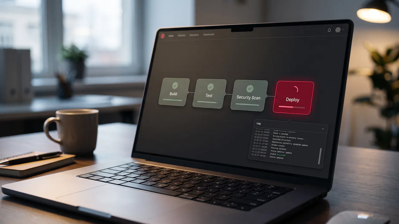 A laptop showing a delivery pipeline with build, test and security scan stages passed and deploy in progress