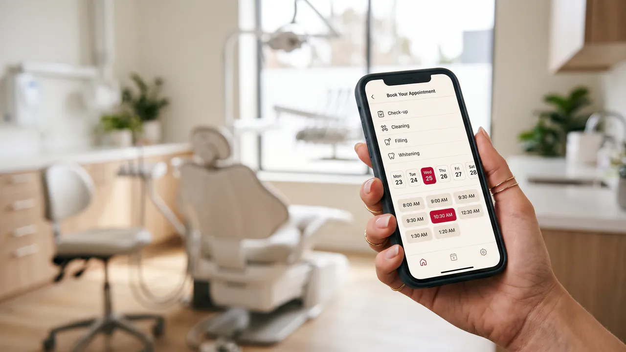 A hand holding a phone with a dental appointment booking page, a treatment room behind