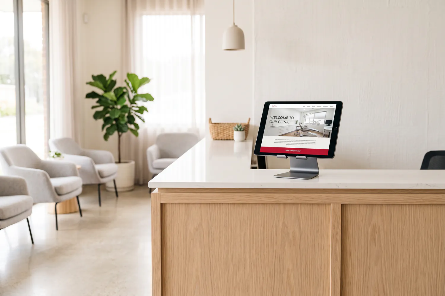 A bright dental clinic reception with a tablet on the front desk showing the practice website