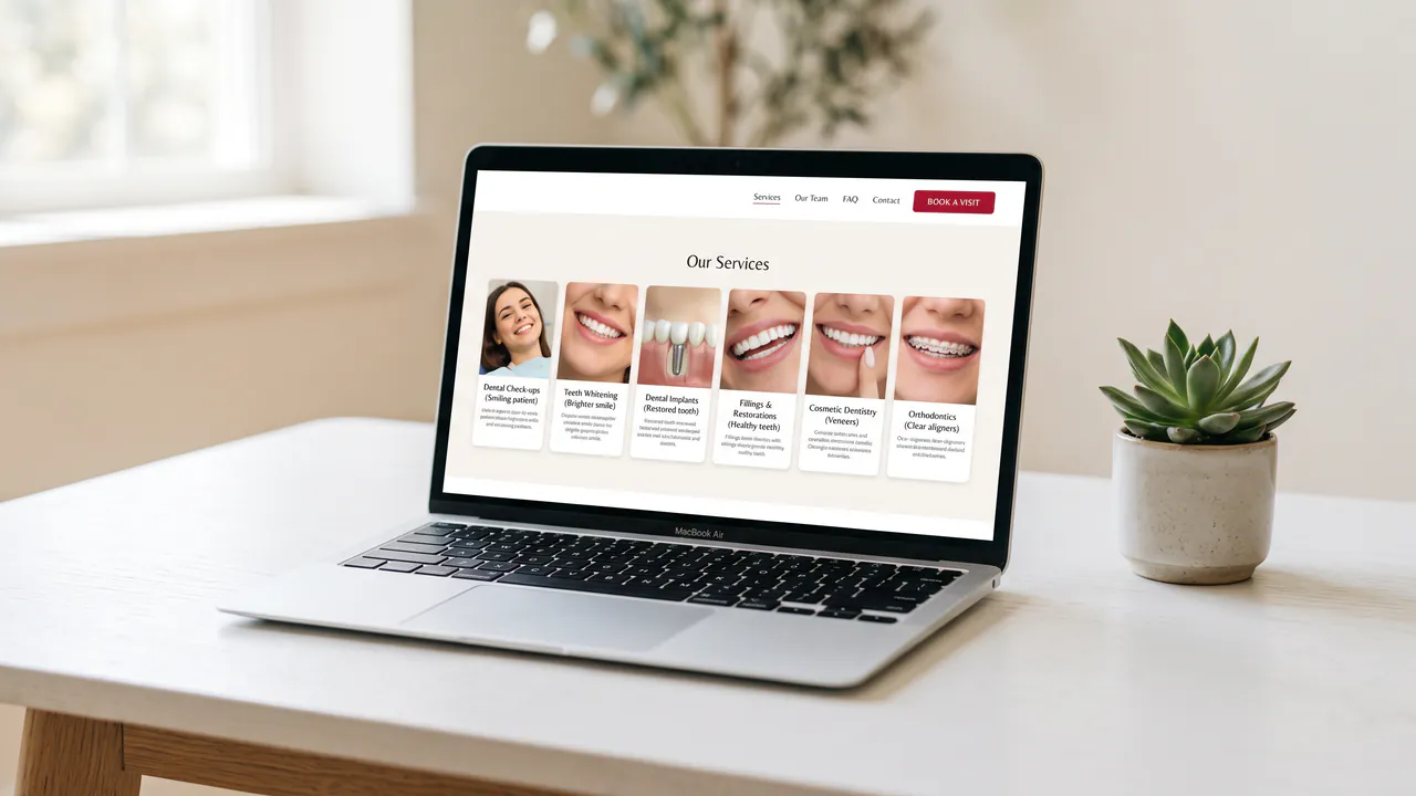 A laptop showing a dental practice website’s services page with a card for each treatment