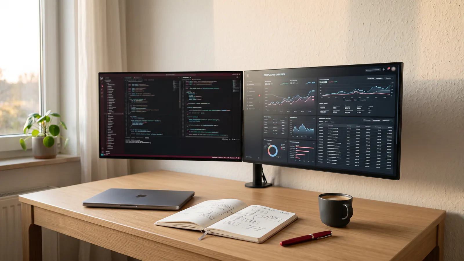 A calm engineering workspace: a code editor and a compliance dashboard on two monitors above a desk with an open notebook of diagrams