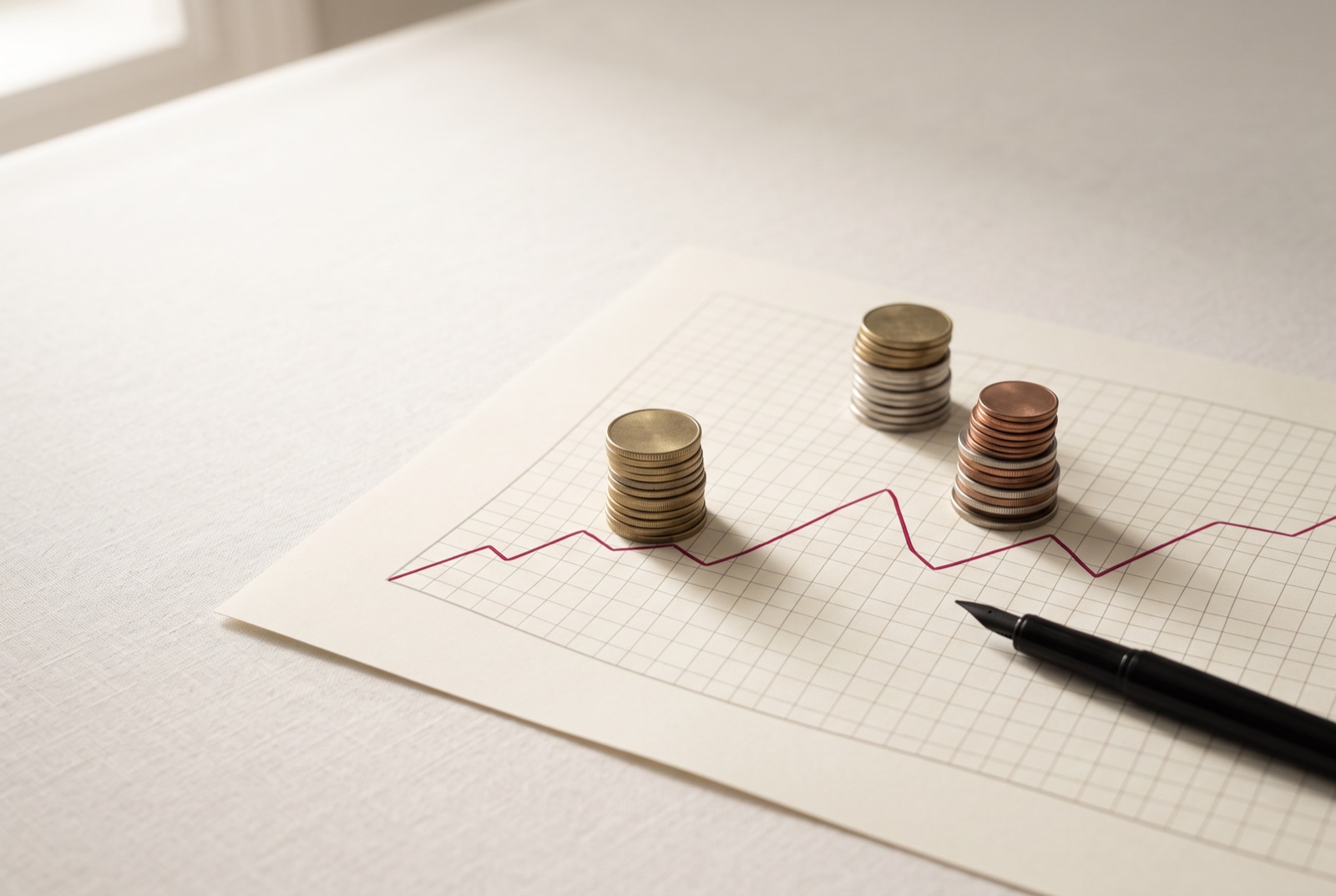 A crimson line chart on graph paper with small stacks of coins placed along it