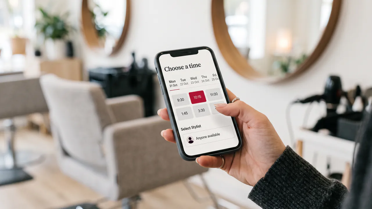 A hand holding a phone showing an online booking page with a row of time slots, one selected in crimson
