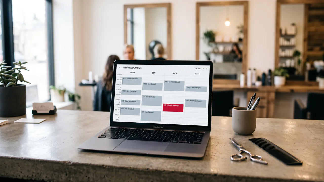 A laptop on a salon front desk showing the appointment diary with a column for each stylist
