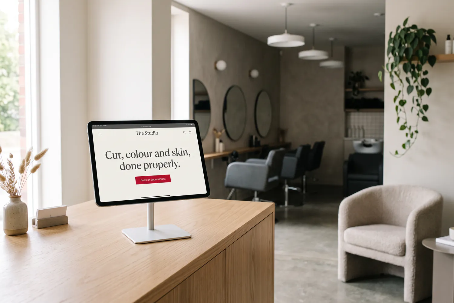 A tablet on a salon reception counter showing a salon website with a crimson “Book an appointment” button, styling chairs behind