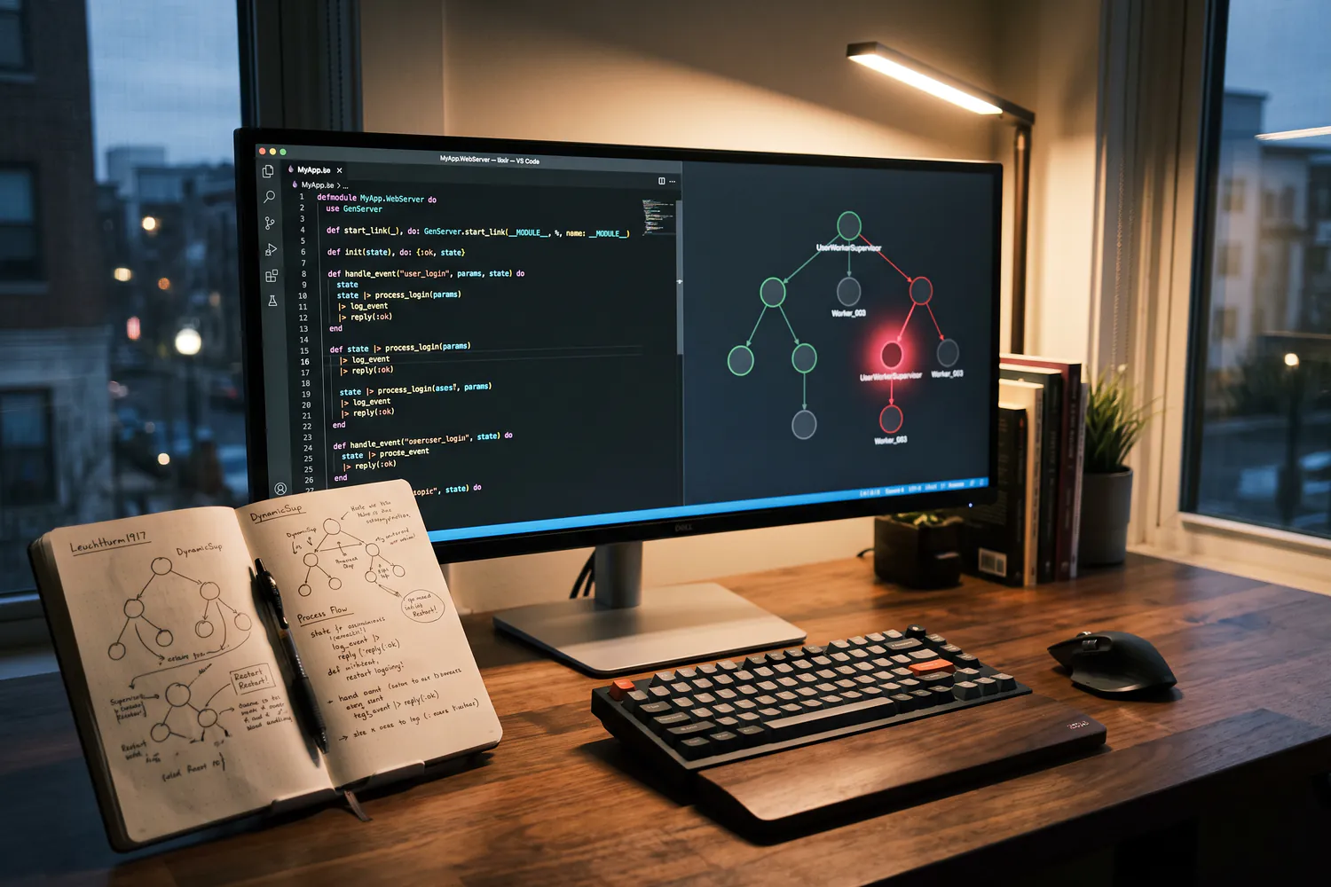 A wide monitor on a walnut desk at dusk showing Elixir code beside a supervision tree diagram with one branch in crimson
