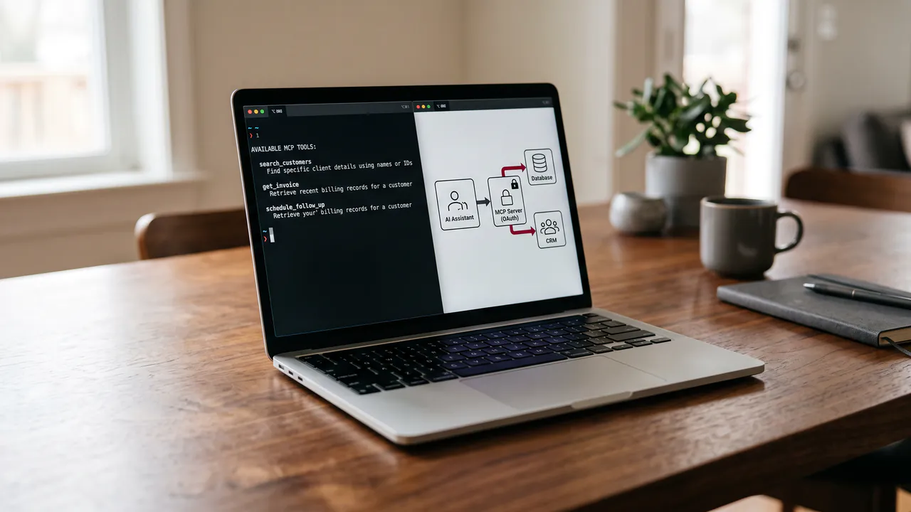 A laptop showing an MCP server's tools in a terminal beside a diagram of an AI assistant connected through an OAuth-protected server to a database and a CRM