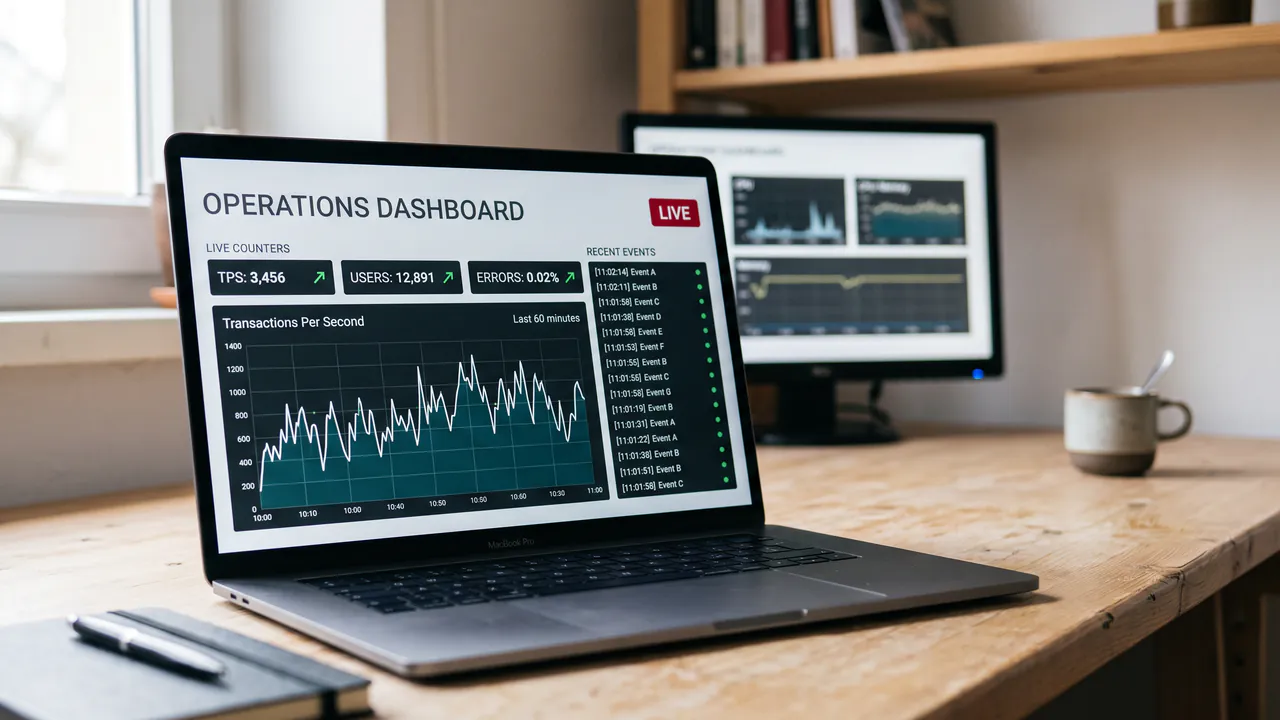 A laptop showing a live operations dashboard with transaction counters, a streaming chart and an event feed