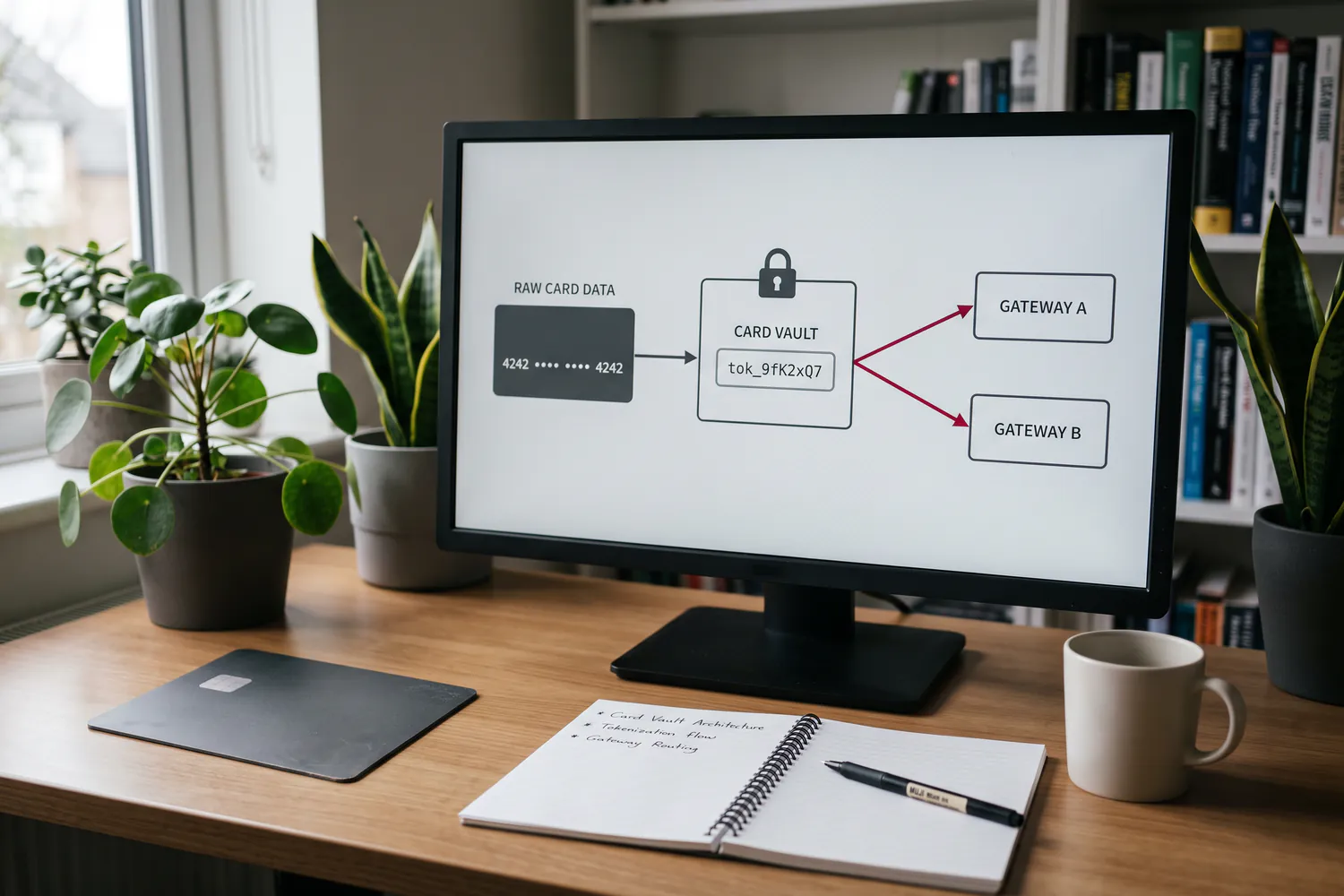 A monitor showing a card vault that swaps a masked card number for a token and routes it to Gateway A or Gateway B, a blank card on the desk beside it