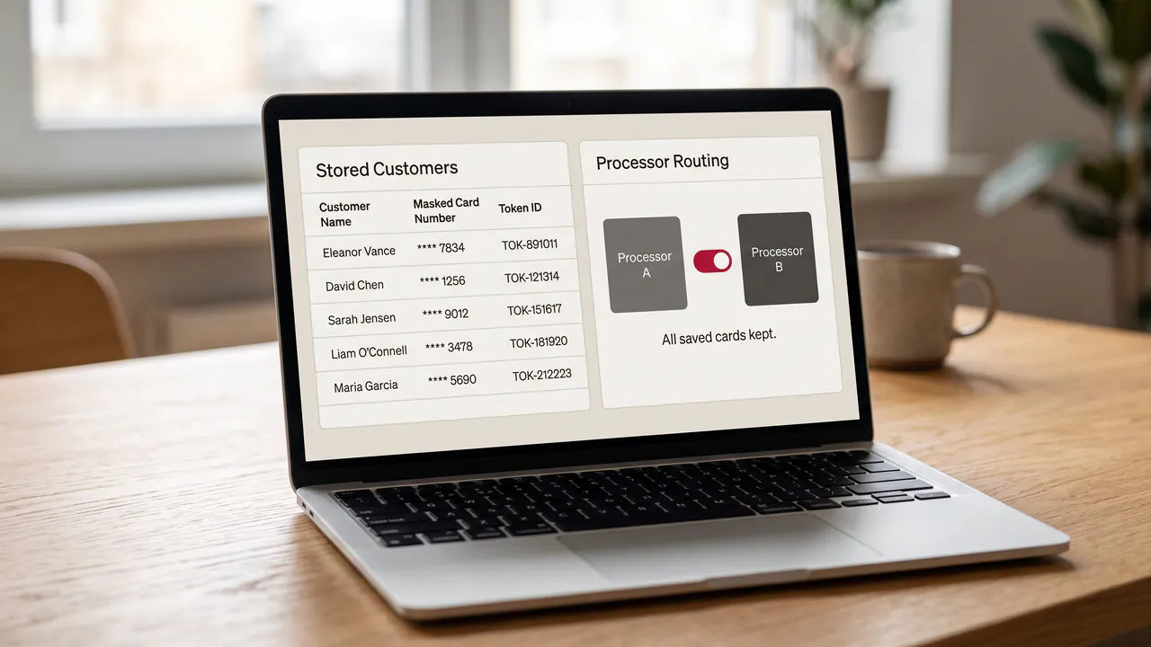 A laptop showing stored customers with masked cards and token IDs, and a switch moving payments from Processor A to Processor B