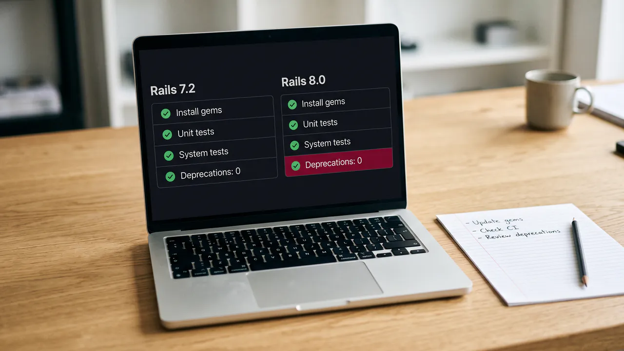 A laptop showing the same build passing on Rails 7.2 and Rails 8.0 side by side, with zero deprecation warnings
