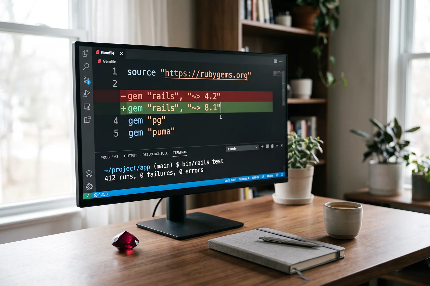 A monitor on a walnut desk showing a Gemfile diff that moves Rails from 4.2 to 8.1 above a passing test run, beside a crimson gemstone