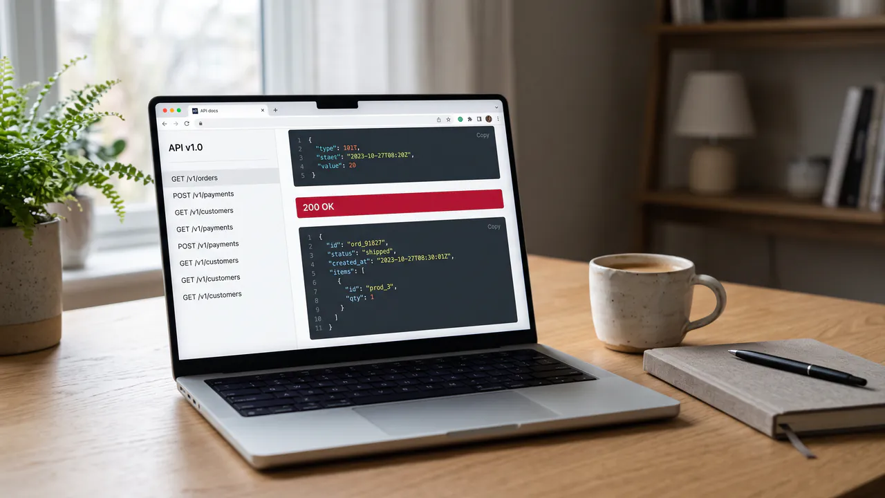 A laptop showing API documentation with a list of order, payment and customer endpoints and a JSON response marked 200 OK