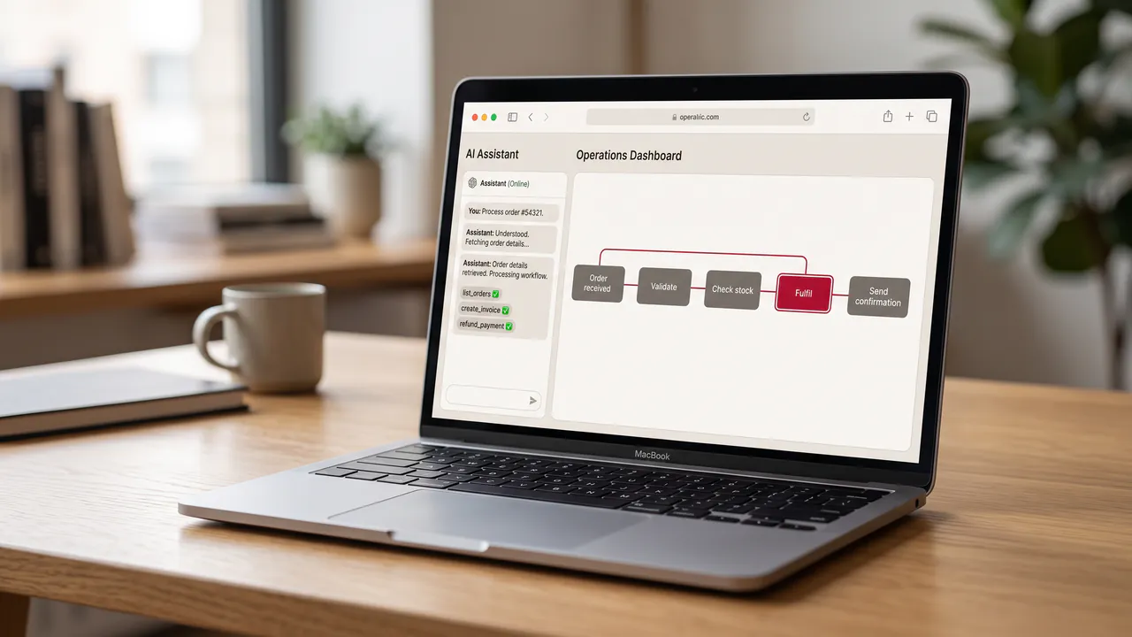 A laptop showing an AI assistant calling order, invoice and refund tools beside an order automation workflow