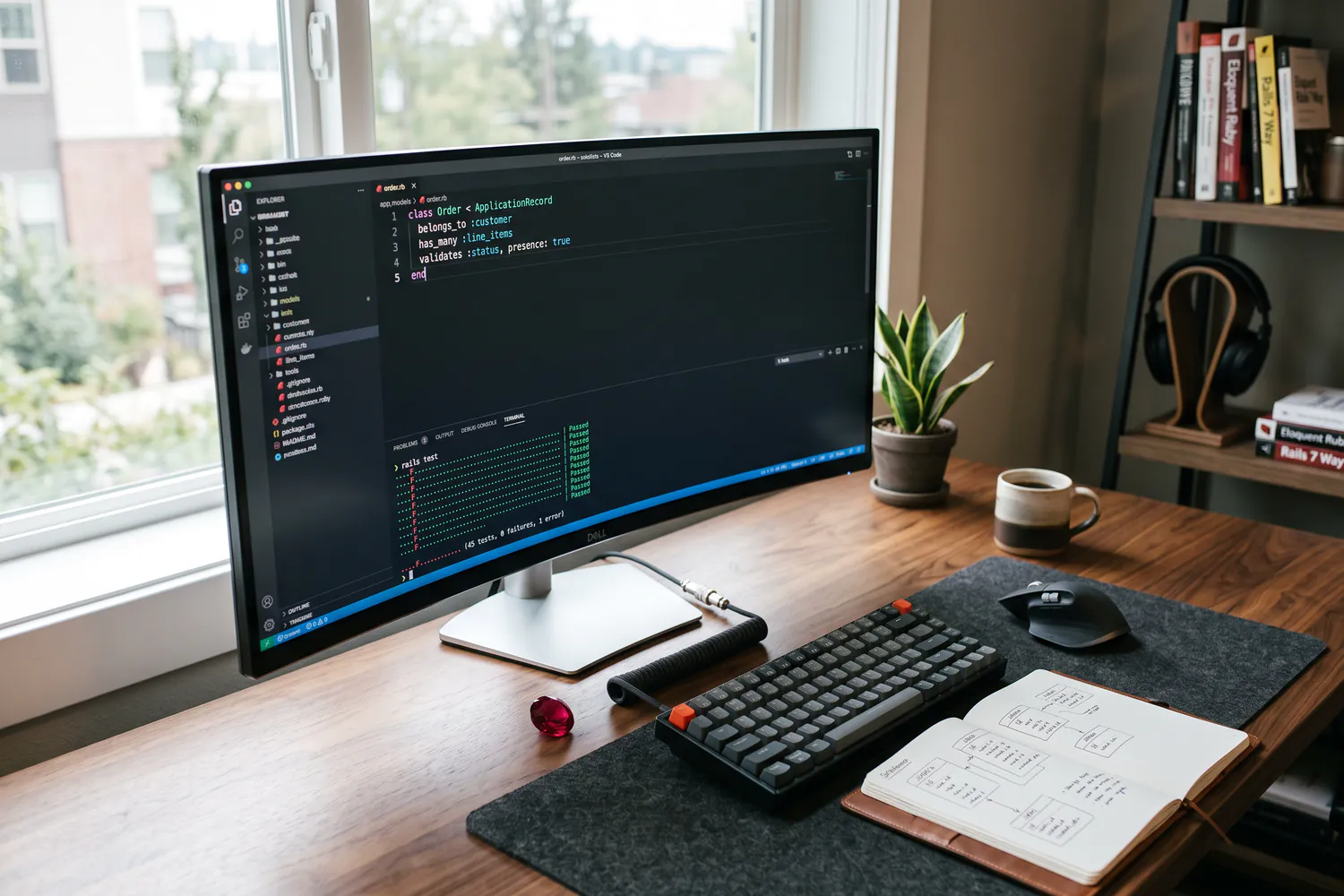 A curved monitor on a walnut desk showing a Rails model in a dark code editor above a passing test run, beside a crimson gemstone and a notebook of diagrams