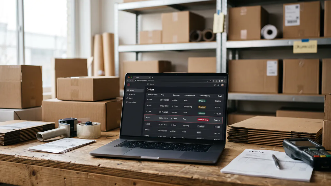 A laptop in a small warehouse showing an e-commerce back office with orders, payment states and an order ready to ship