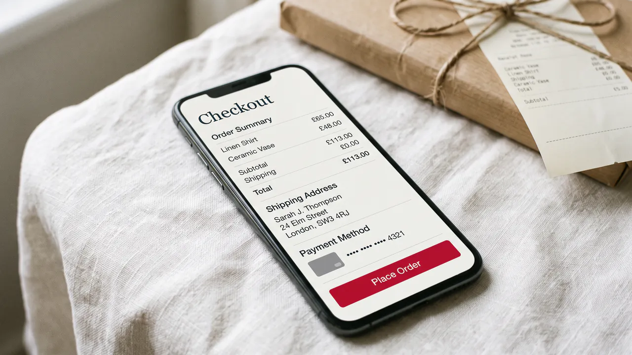 A phone showing a mobile checkout with an order summary, shipping address and a Place order button