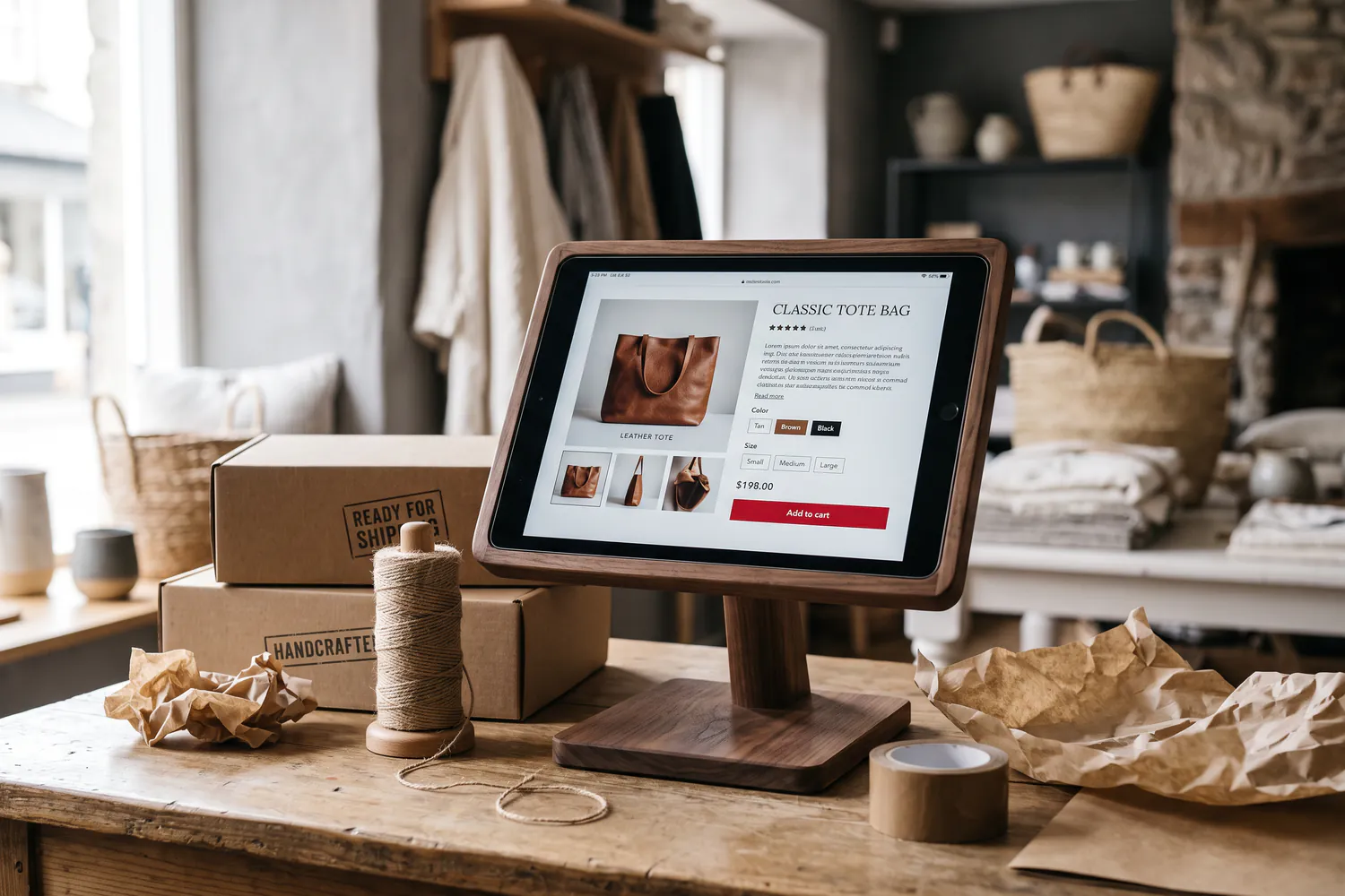 A tablet on a boutique shop counter showing a product page for a leather tote bag with a crimson Add to cart button, beside shipping boxes and twine